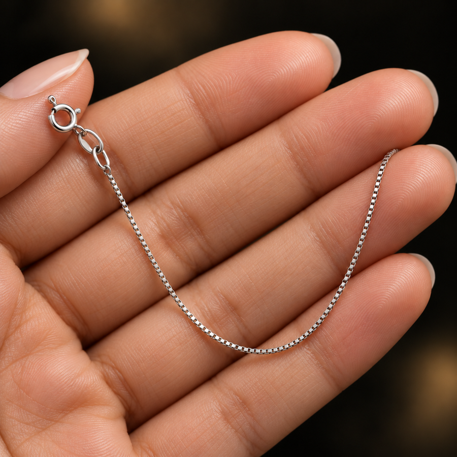 0.8mm Rhodium-Plated Sterling Silver Box Chain held in hand