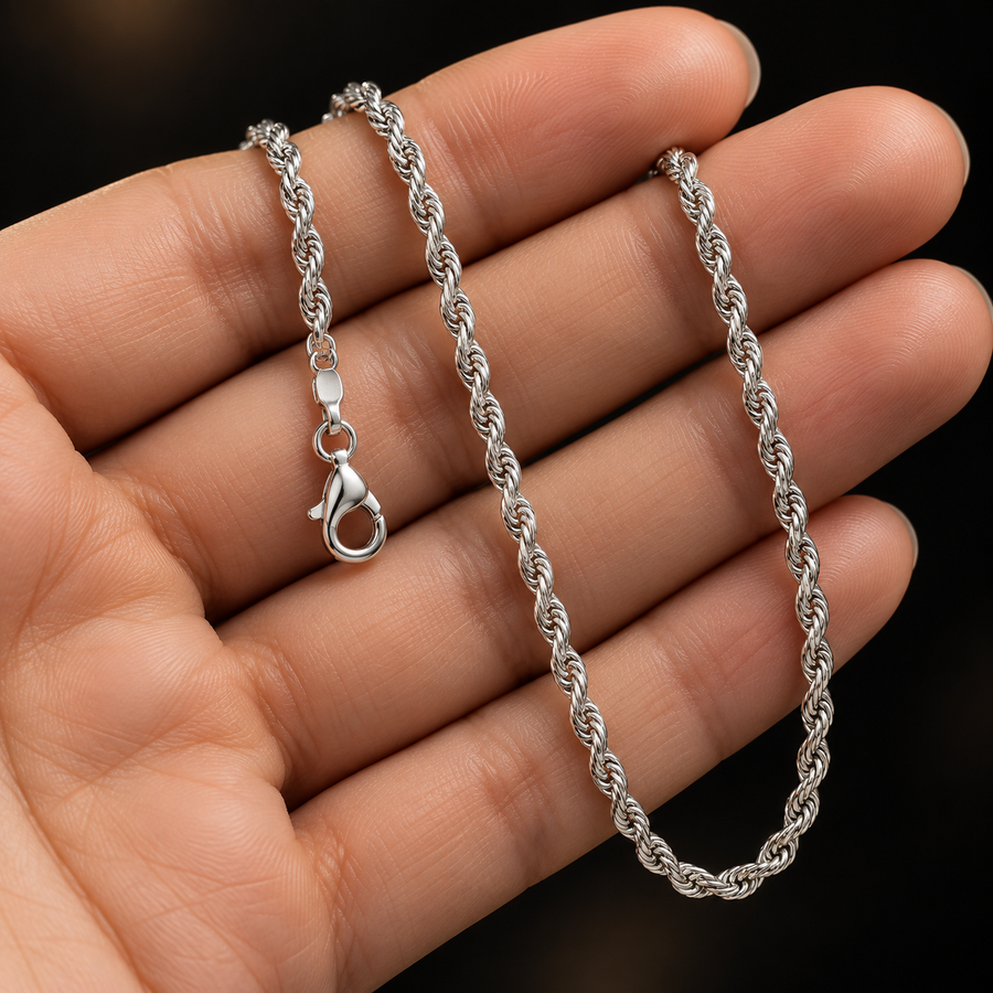 2.8mm Rhodium-Plated Sterling Silver Rope Chain held in hand