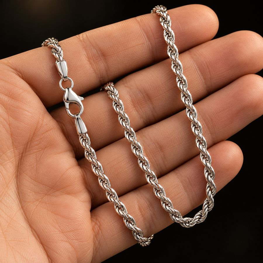 3.2mm Rhodium-Plated Sterling Silver Rope Chain held in hand