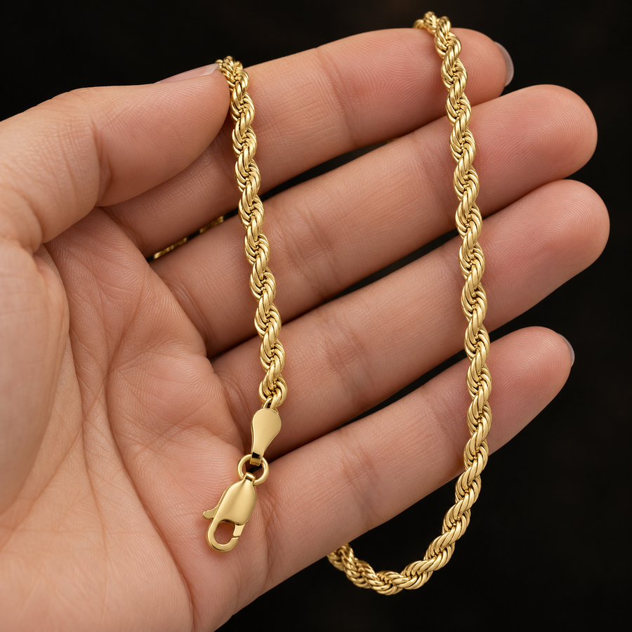 10K Gold Hollow Rope Chain Necklace – 3mm held in hand