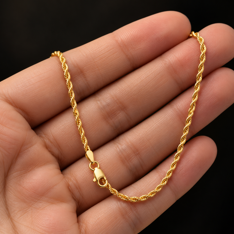 10K Gold Solid Rope Chain Necklace – 1.5mm held in hand