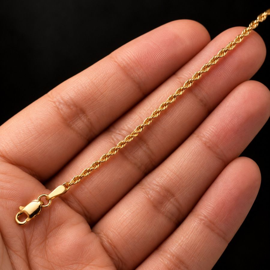 10K Gold Solid Rope Chain Necklace – 2mm held in hand