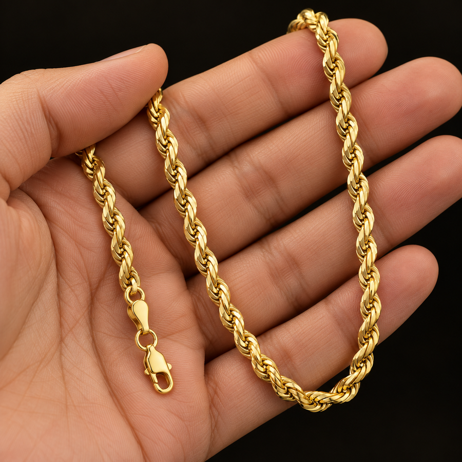 10K Gold Solid Rope Chain Necklace – 3.5mm held in hand