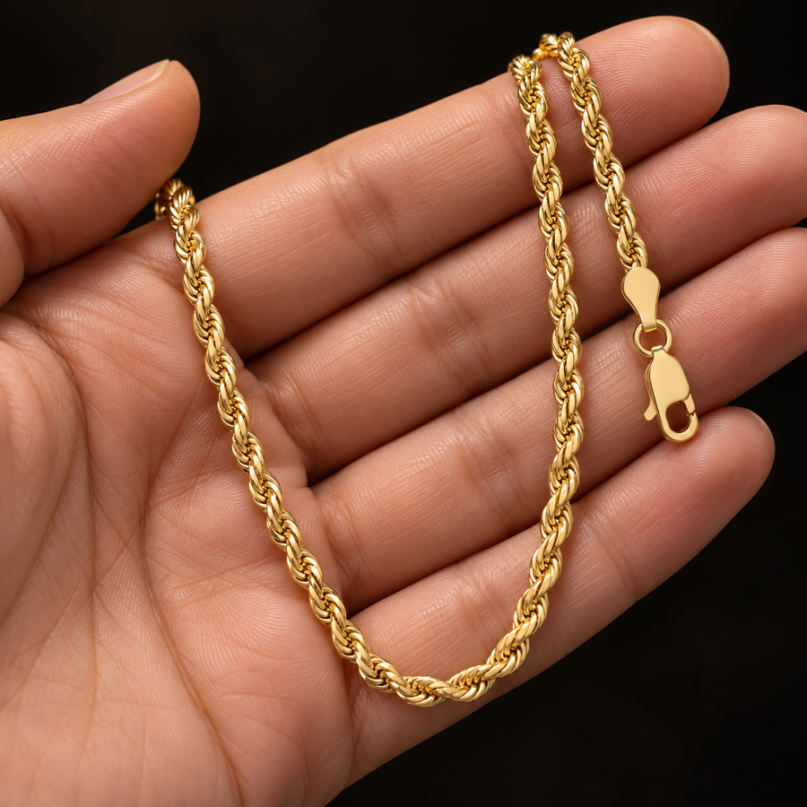 10K Gold Solid Rope Chain Necklace – 3mm held in hand
