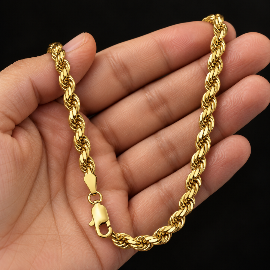 10K Gold Solid Rope Chain Necklace – 6mm held in hand
