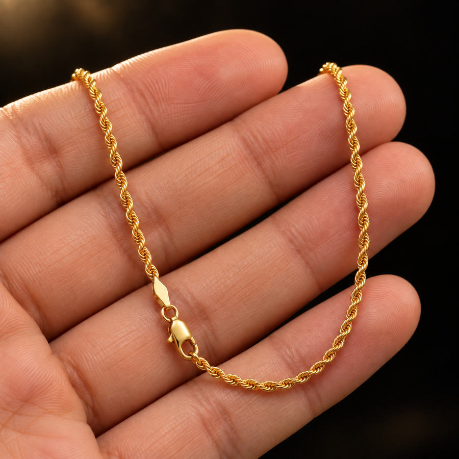 10K Gold Hollow Rope Chain Necklace – 2mm held in hand