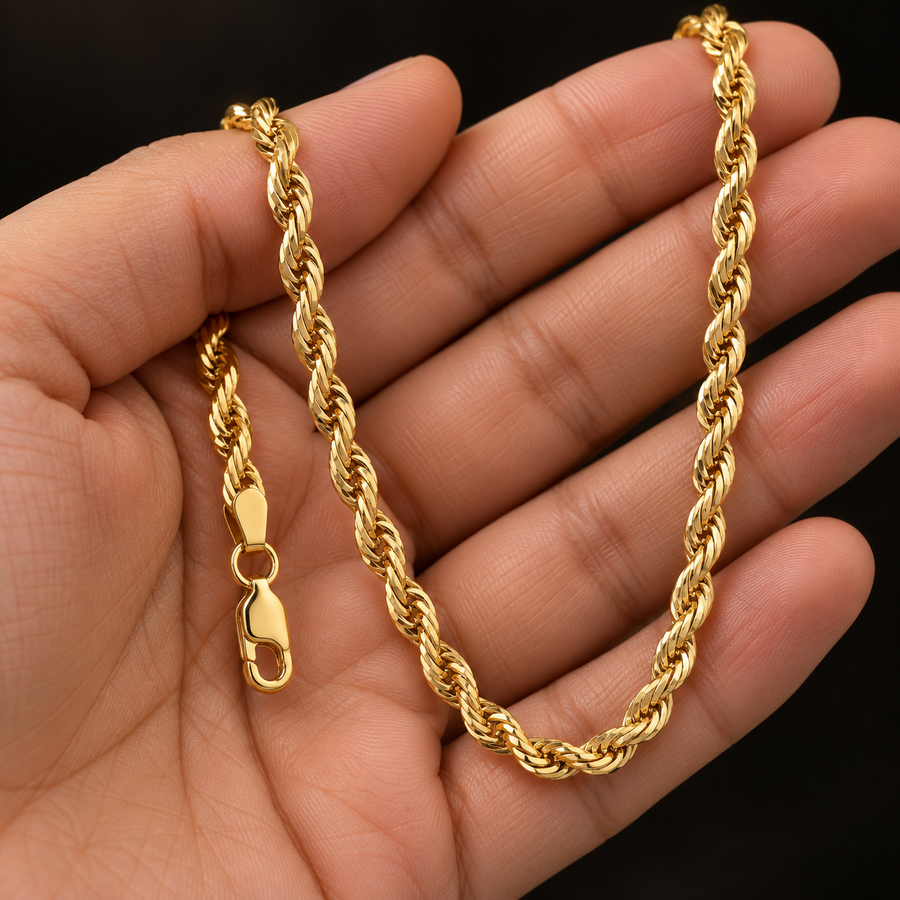10K Gold Hollow Rope Chain Necklace – 4mm held in hand