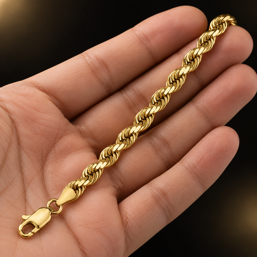 10K Gold Hollow Rope Chain Necklace – 5mm held in hand