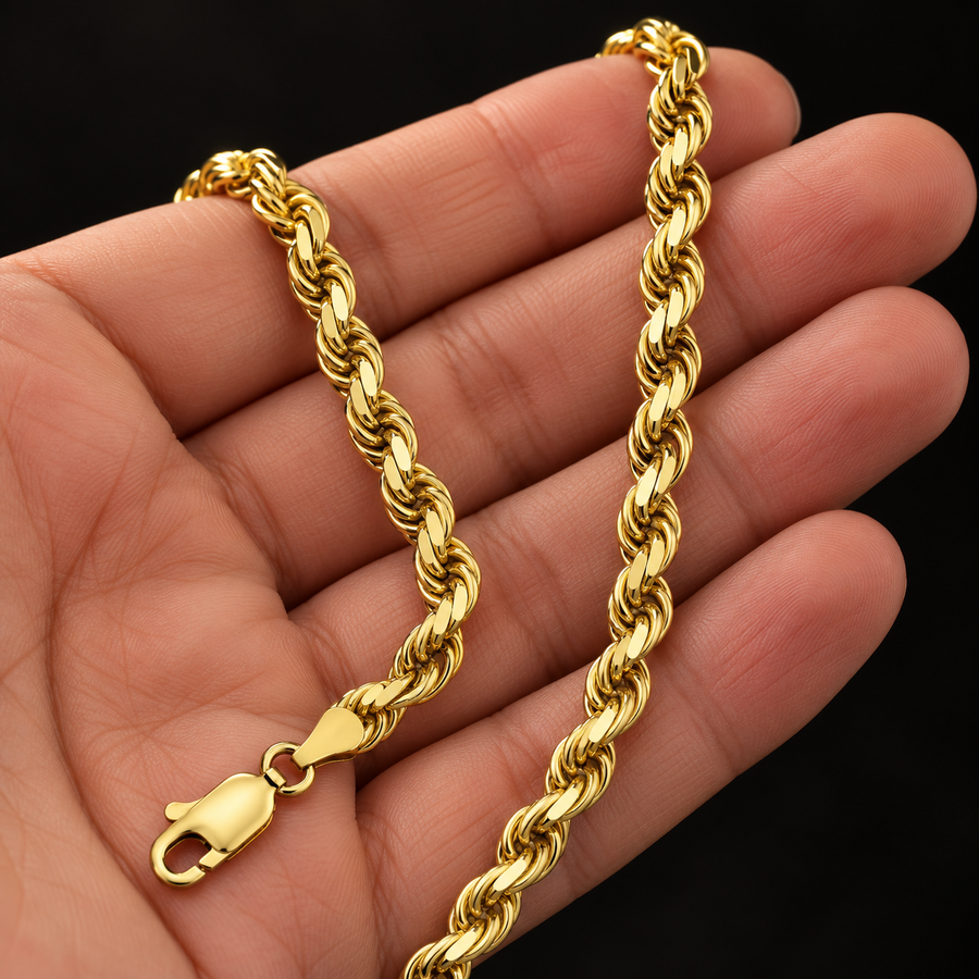 10K Gold Hollow Rope Chain Necklace – 6mm held in hand