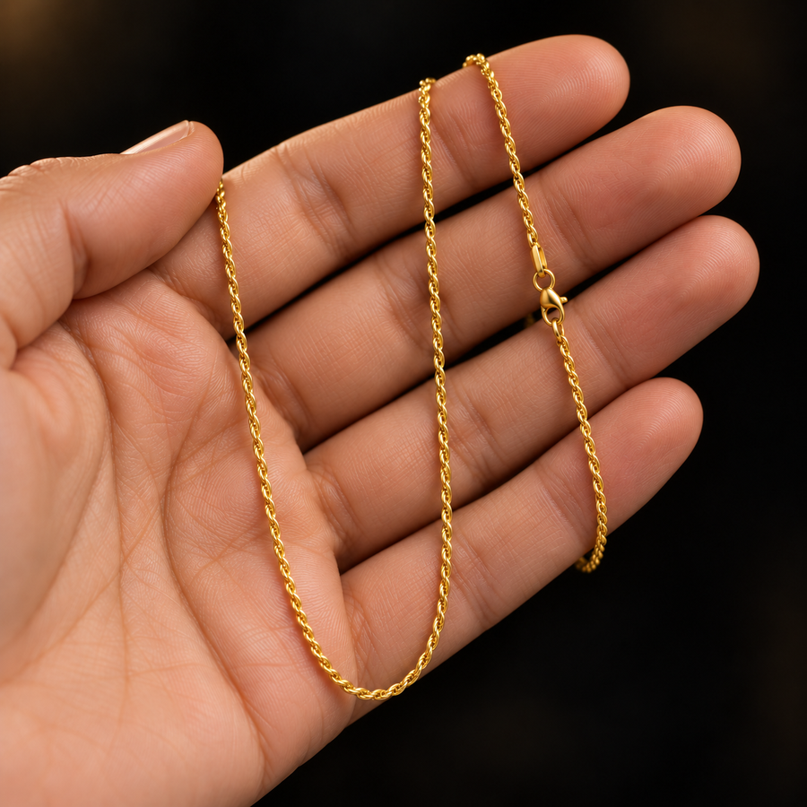 2mm Gold-Plated Stainless Steel Rope Chain held in hand