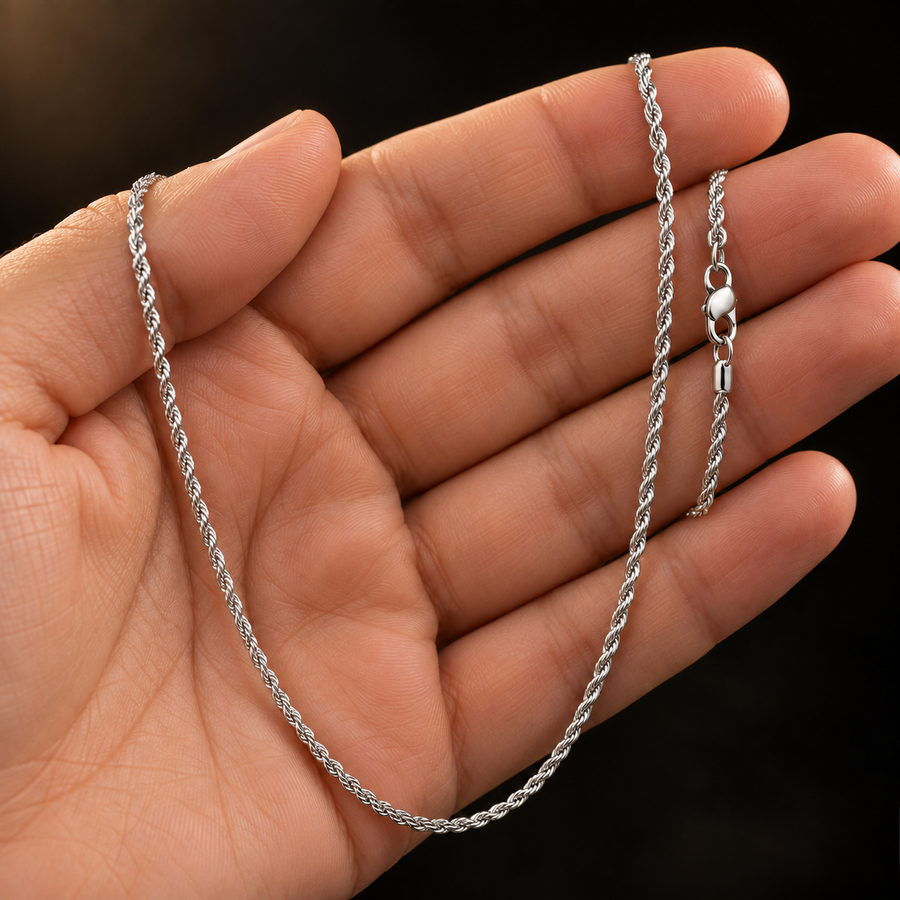 2mm Rhodium-Plated Stainless Steel Rope Chain held in hand