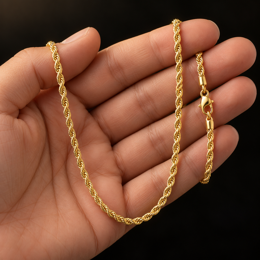 3mm Gold-Plated Stainless Steel Rope Chain held in hand