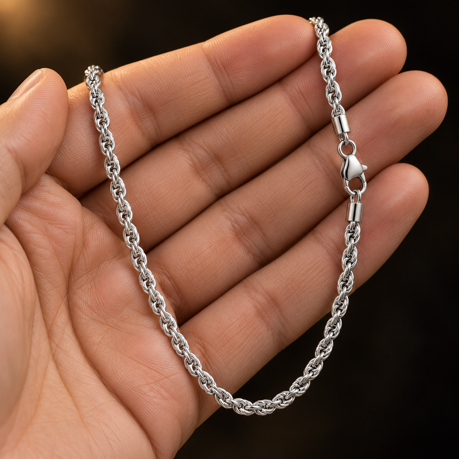 3mm Rhodium-Plated Stainless Steel Rope Chain held in hand
