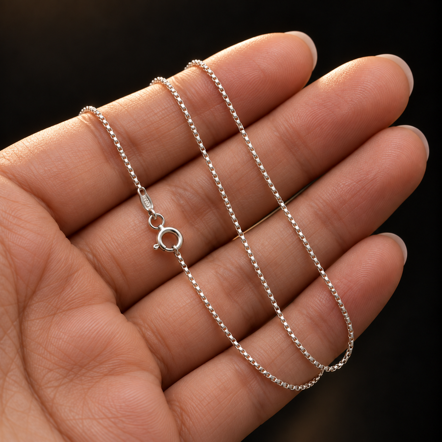 925 Sterling Silver Box Chain Necklace – 0.8mm held in hand