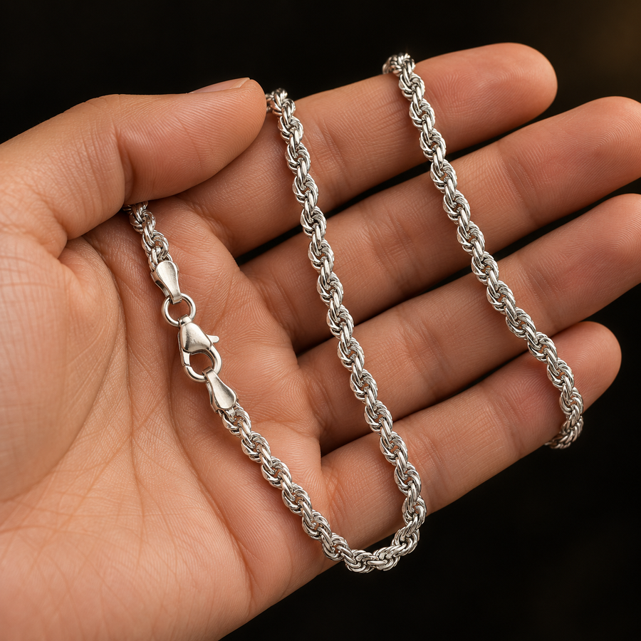 925 Sterling Silver Rope Chain Necklace – 3.7mm held in hand