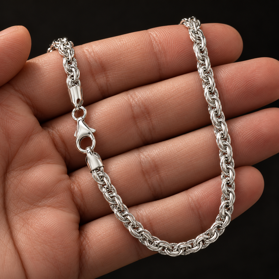 925 Sterling Silver Rope Chain Necklace – 5mm held in hand
