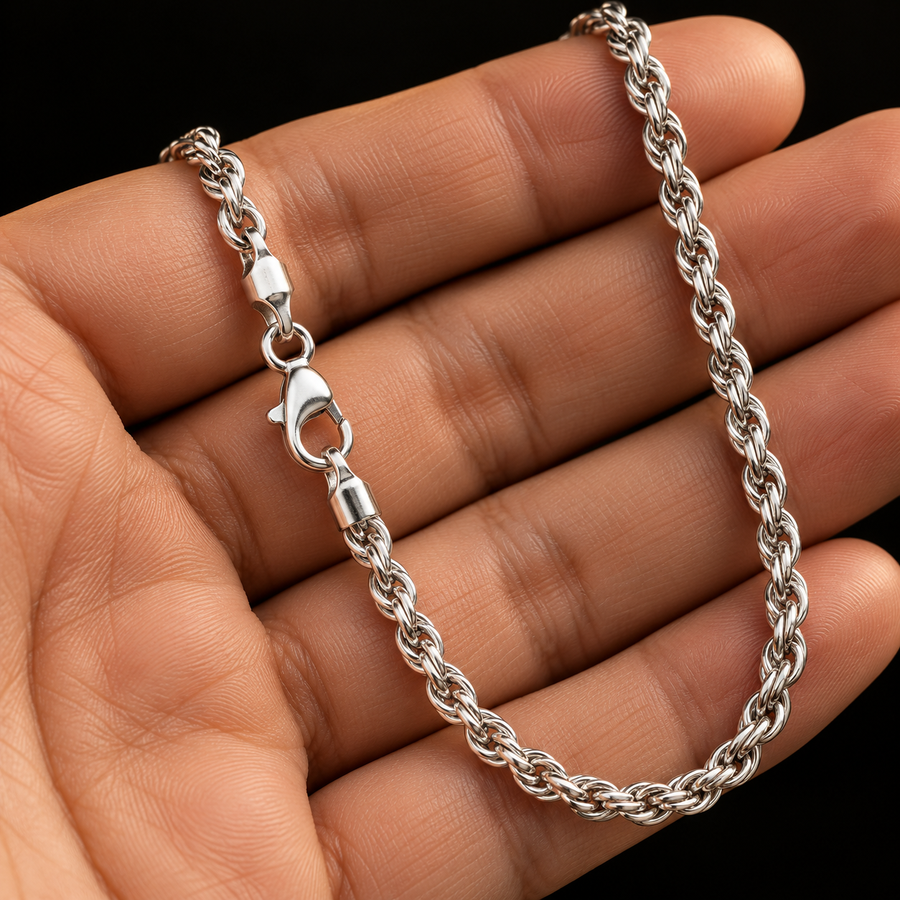 925 Sterling Silver Rope Chain Necklace – 6mm held in hand