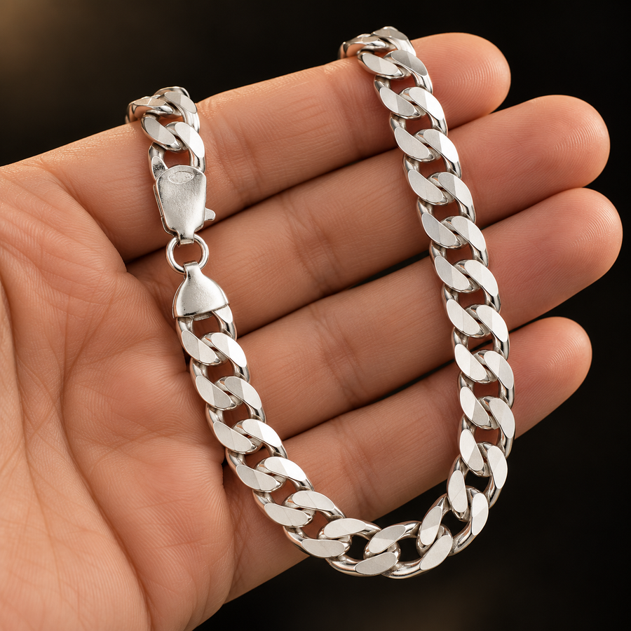 925 Sterling Silver Curb Chain Necklace – 10.7mm held in hand