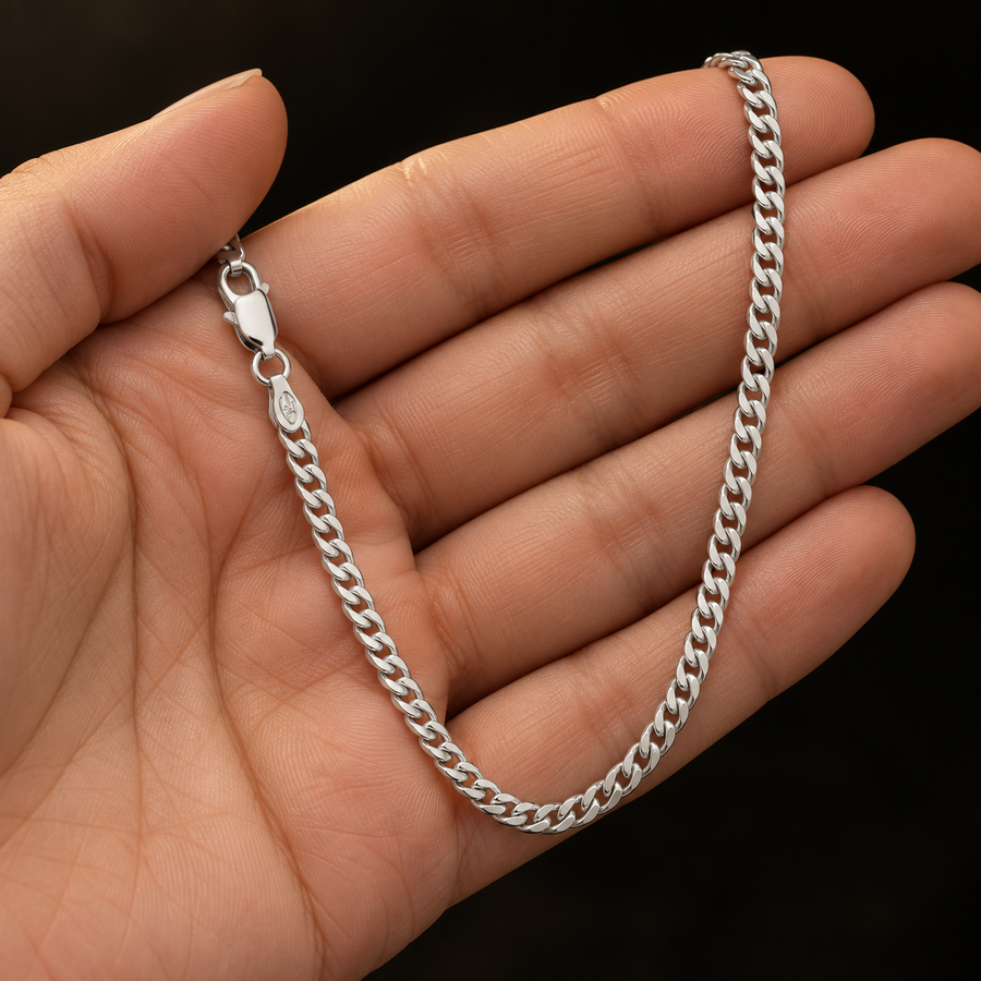 925 Sterling Silver Curb Chain Necklace – 3mm held in hand