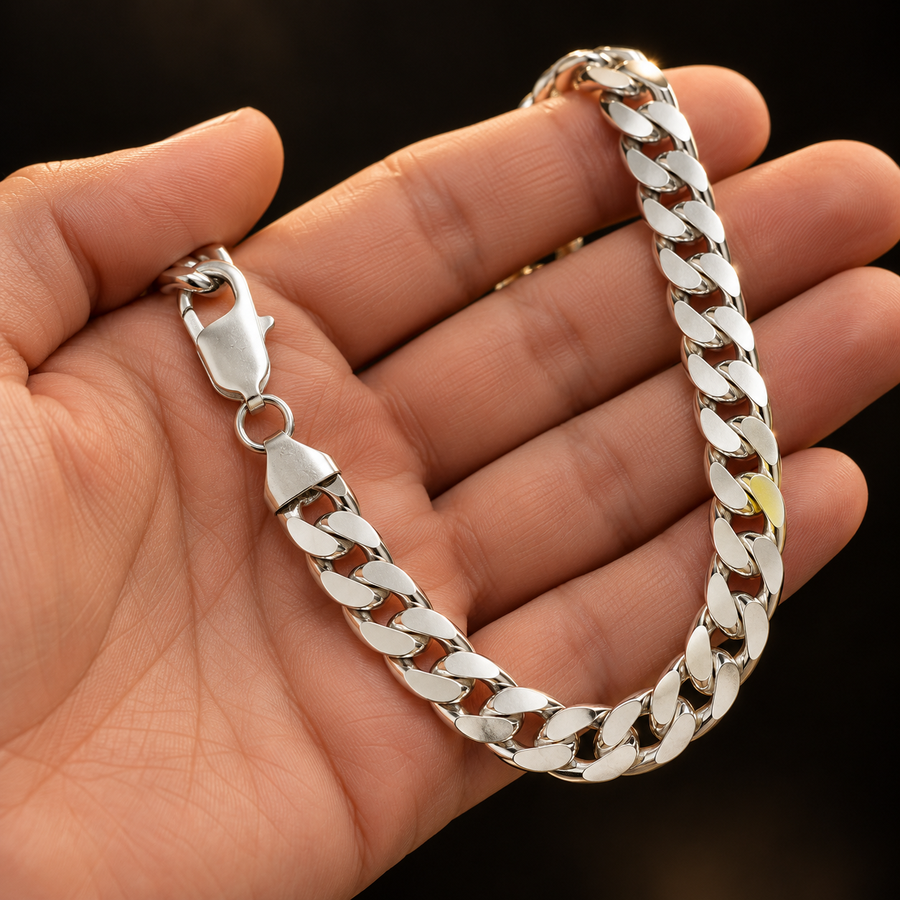 925 Sterling Silver Curb Chain Necklace – 9mm held in hand