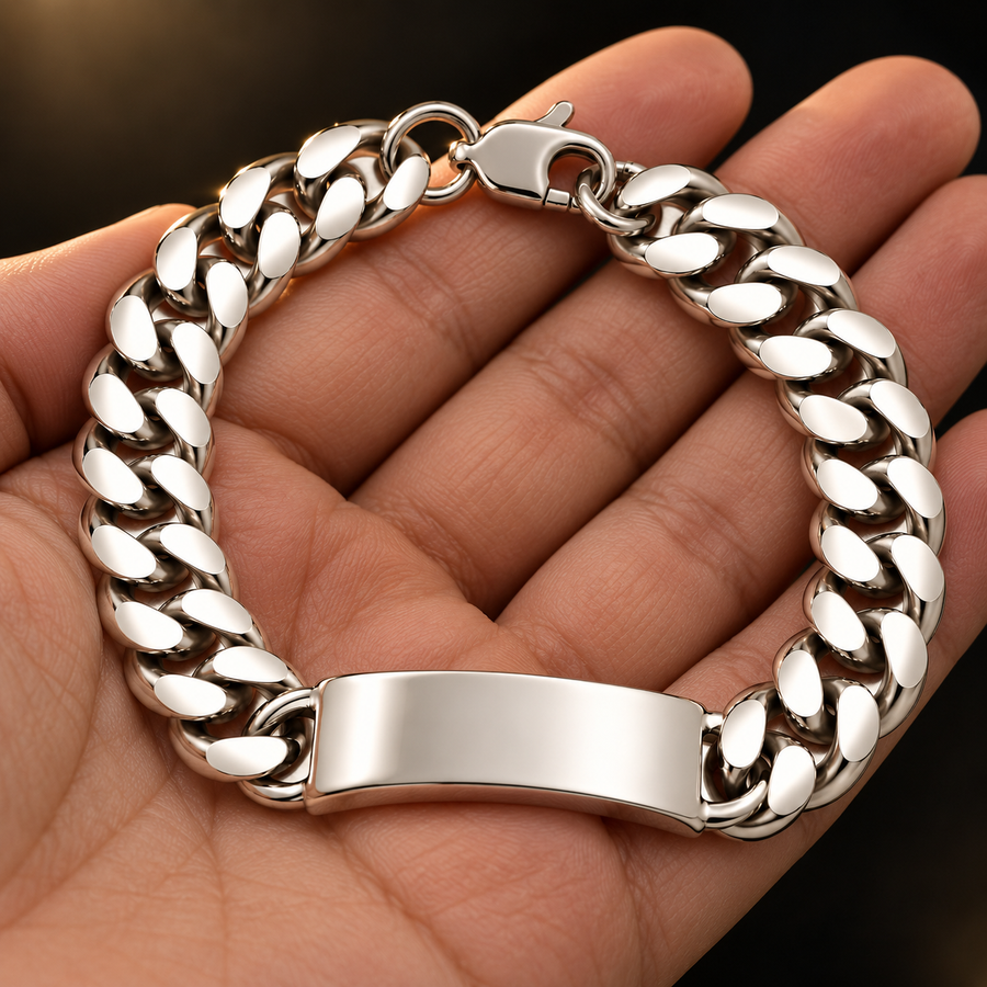 925 Sterling Silver Curb ID Bracelet - 10mm held in hand