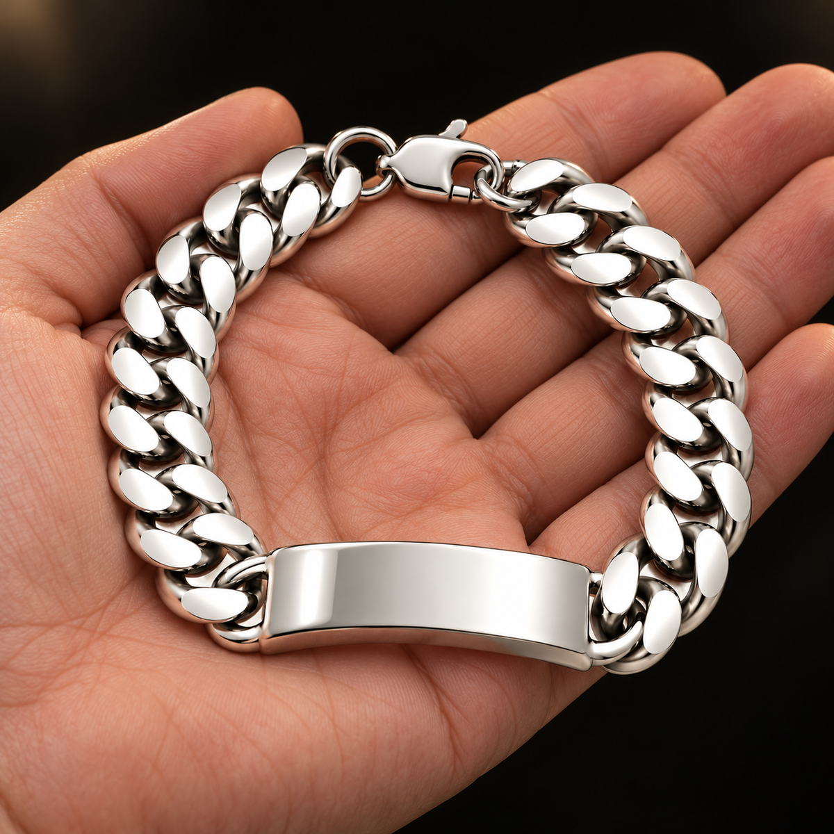 925 Sterling Silver Curb ID Bracelet - 11mm held in hand