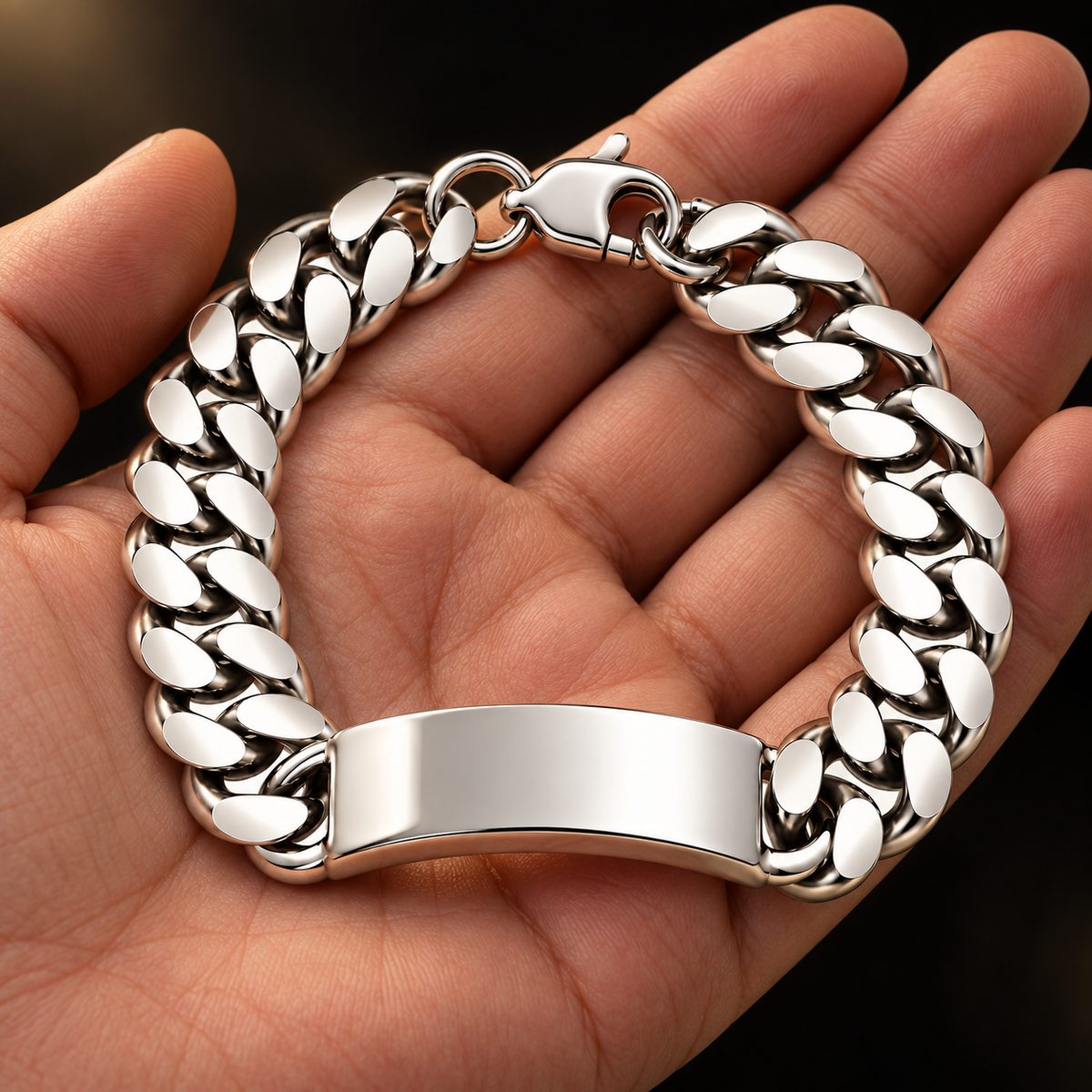 925 Sterling Silver Curb ID Bracelet - 13mm held in hand