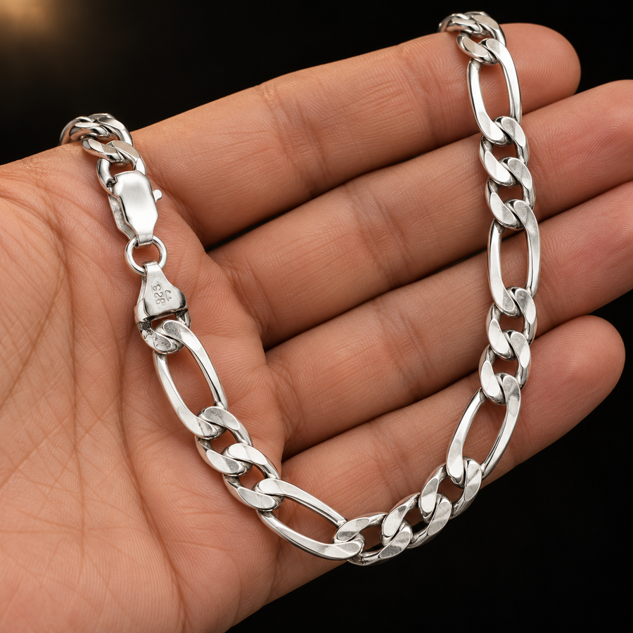 925 Sterling Silver Figaro Chain Necklace – 10.7mm held in hand