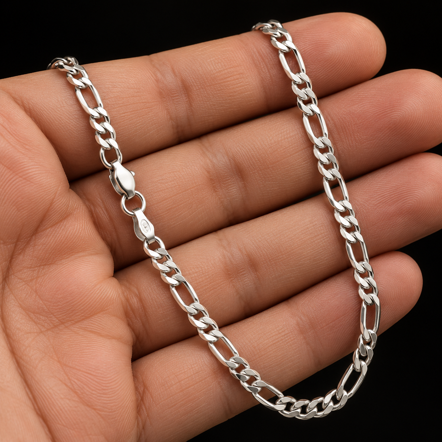 925 Sterling Silver Figaro Chain Necklace – 3.8mm held in hand