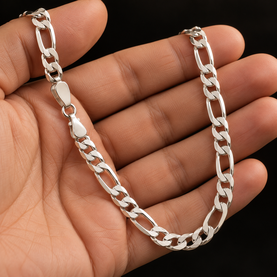 925 Sterling Silver Figaro Chain Necklace – 6.6mm held in hand