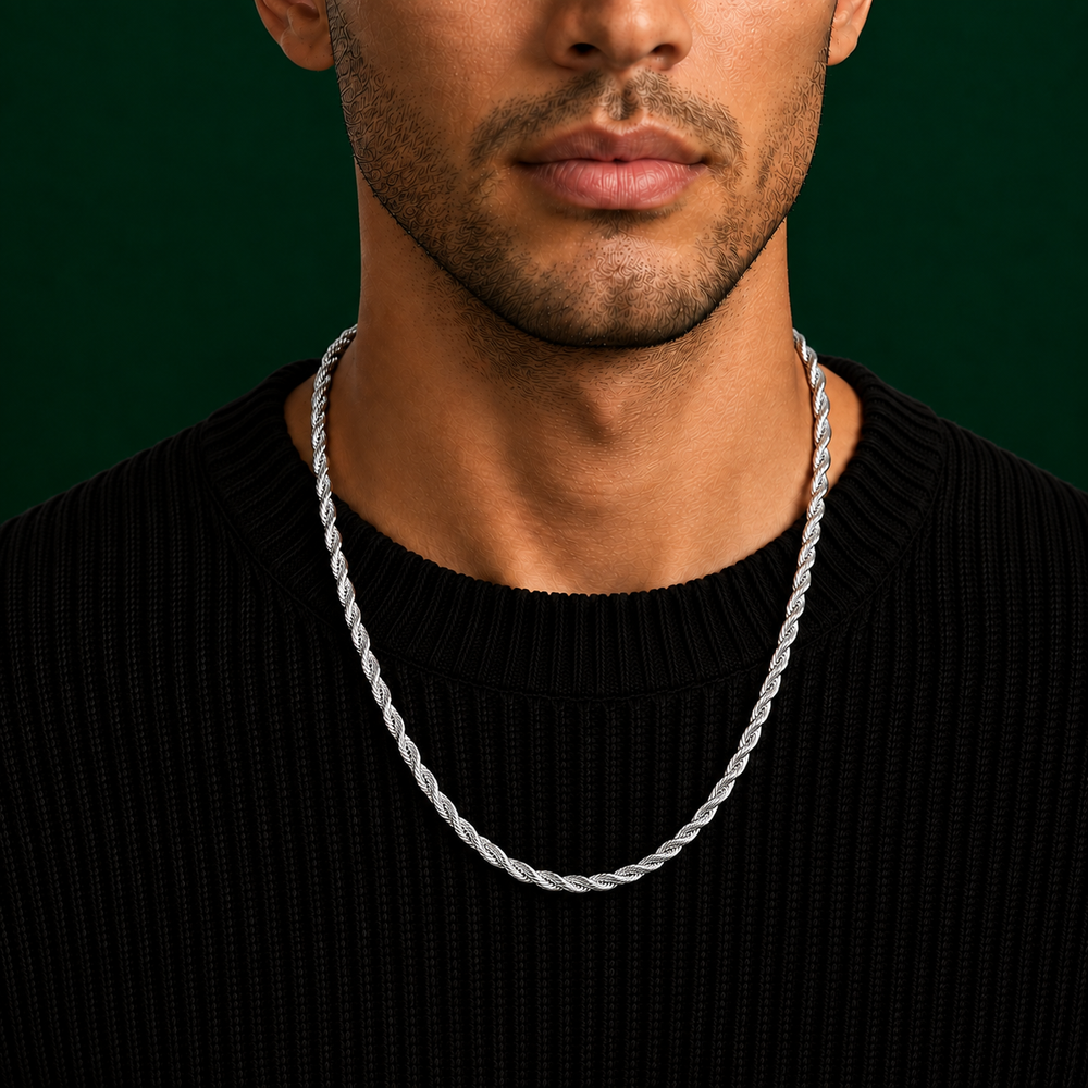 3.2mm sterling silver rope chain worn over a black ribbed knit
