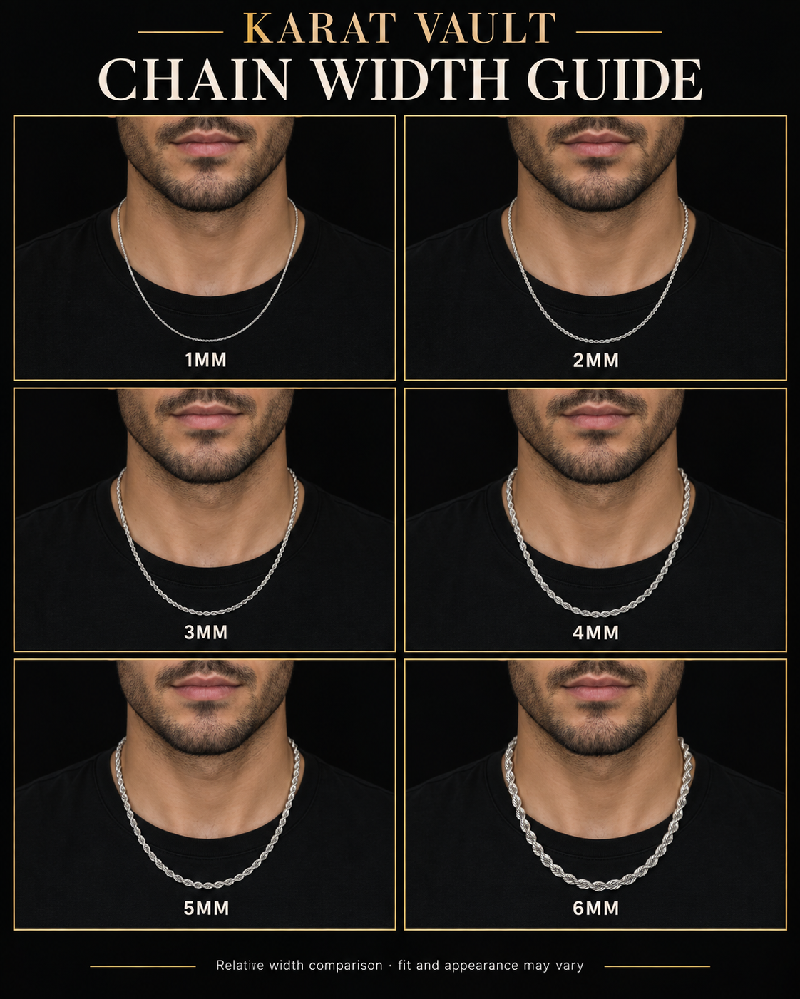 Karat Vault on-model chain width guide comparing 1mm through 6mm rope chains