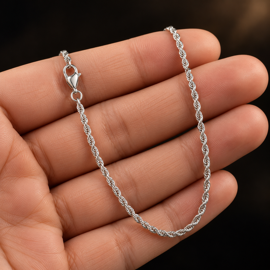 2.0mm Rhodium-Plated Sterling Silver Rope Chain held in hand